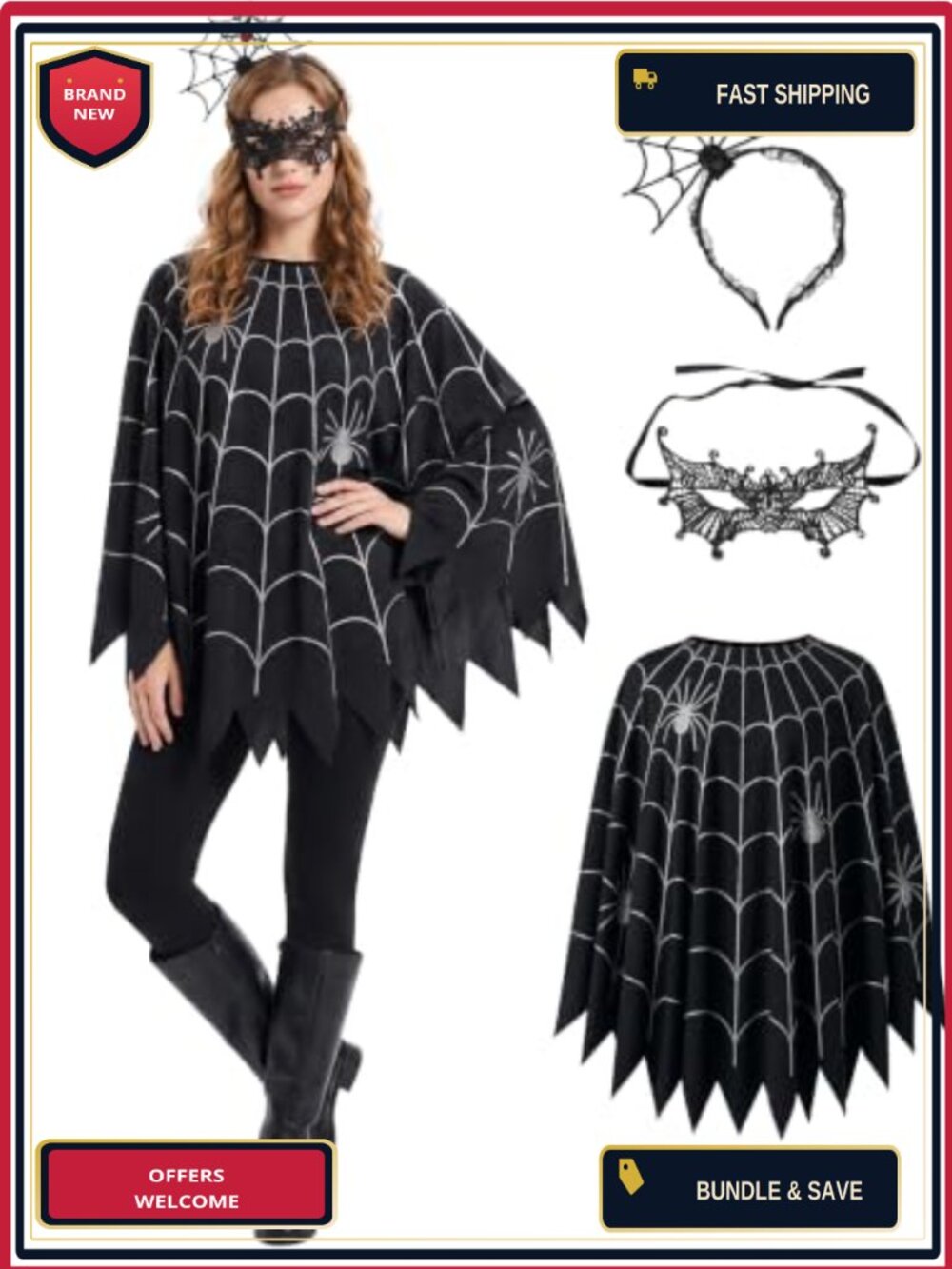 Spider Web Poncho Costume Set Lace Mask Headband Dress Up Party